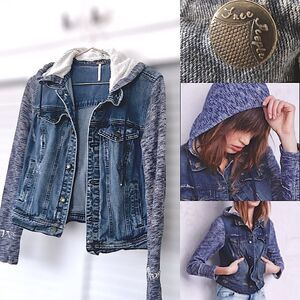 Free People Distressed Knit Hooded Denim Jacket Size M